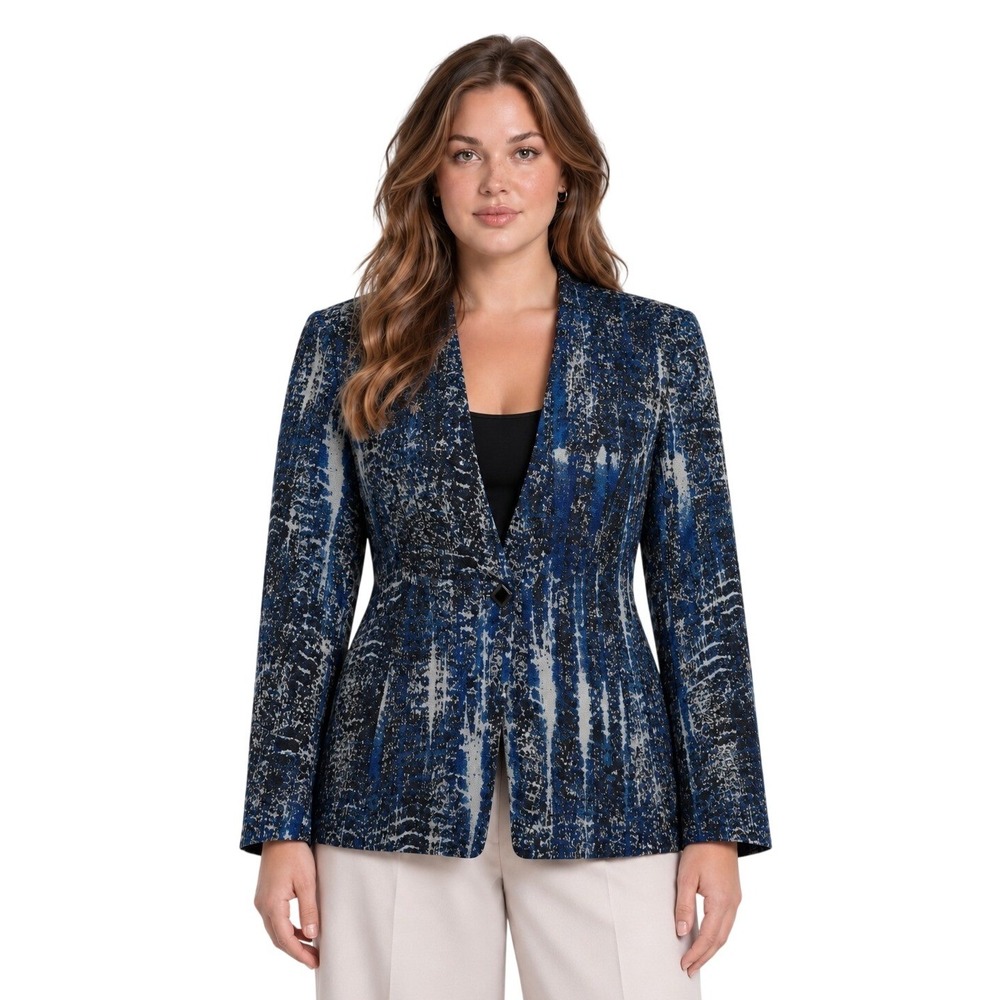 Tahari Arthur S Levine Blazer Women's Size 14 Blue Abstract Jacquard Jacket Chic